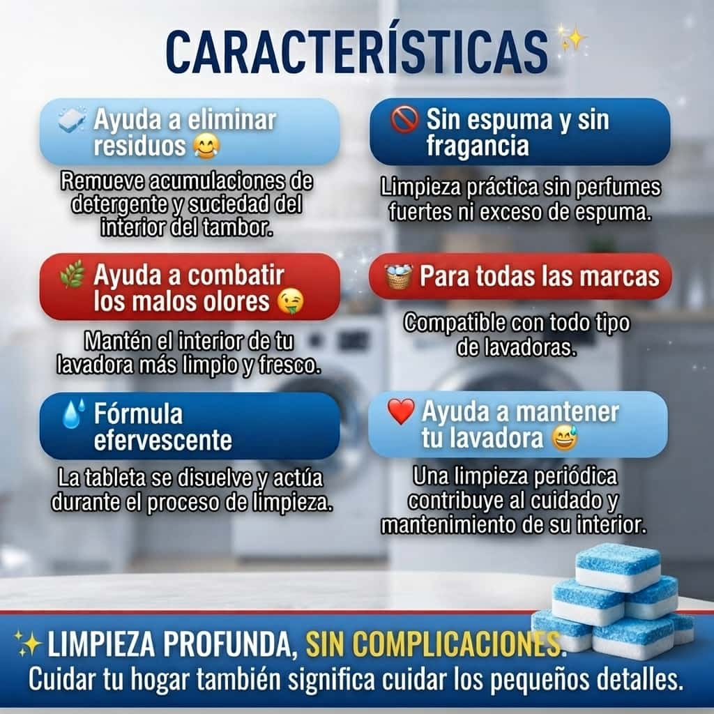 Pastilla de Limpieza Profunda para Lavadora - 24 Unid. - Limpia el interior de tu lavadora, no solo tu ropa